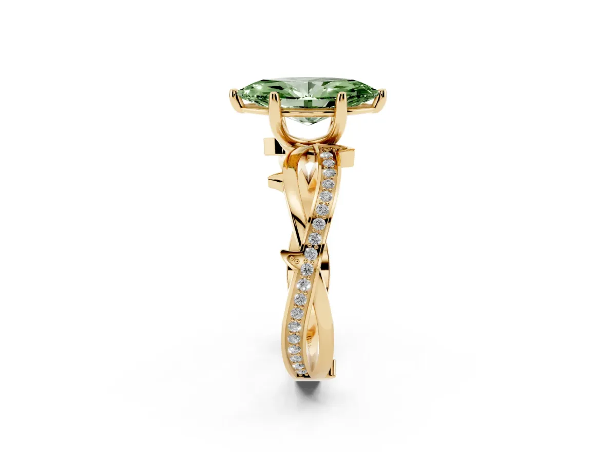 Fancy Green Marquise Cut Solitaire Twist Band with Pavé Accents and Four-Prong Setting Yellow gold