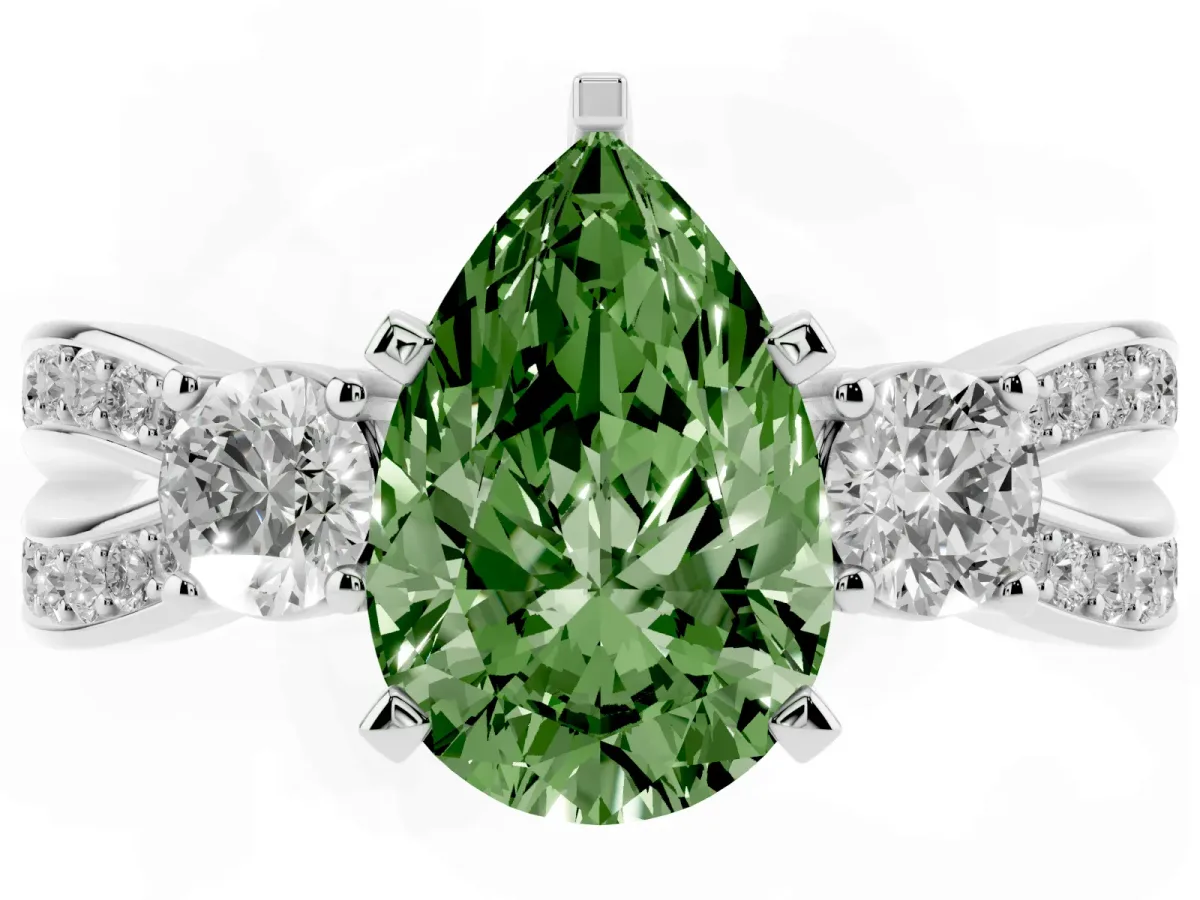 Fancy Green Three-Stone Pear Cut Cut Diamond Twist Band with Prong Setting Platinum