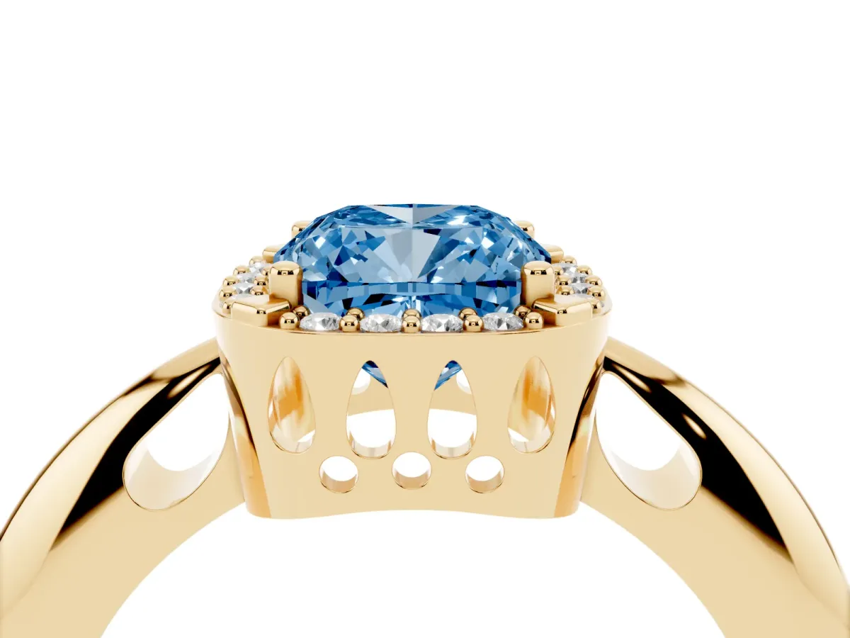 Fancy Blue Cushion Cut Cut Diamond Halo Engagement Ring with Split Shank and Four-Prong Setting Yellow gold