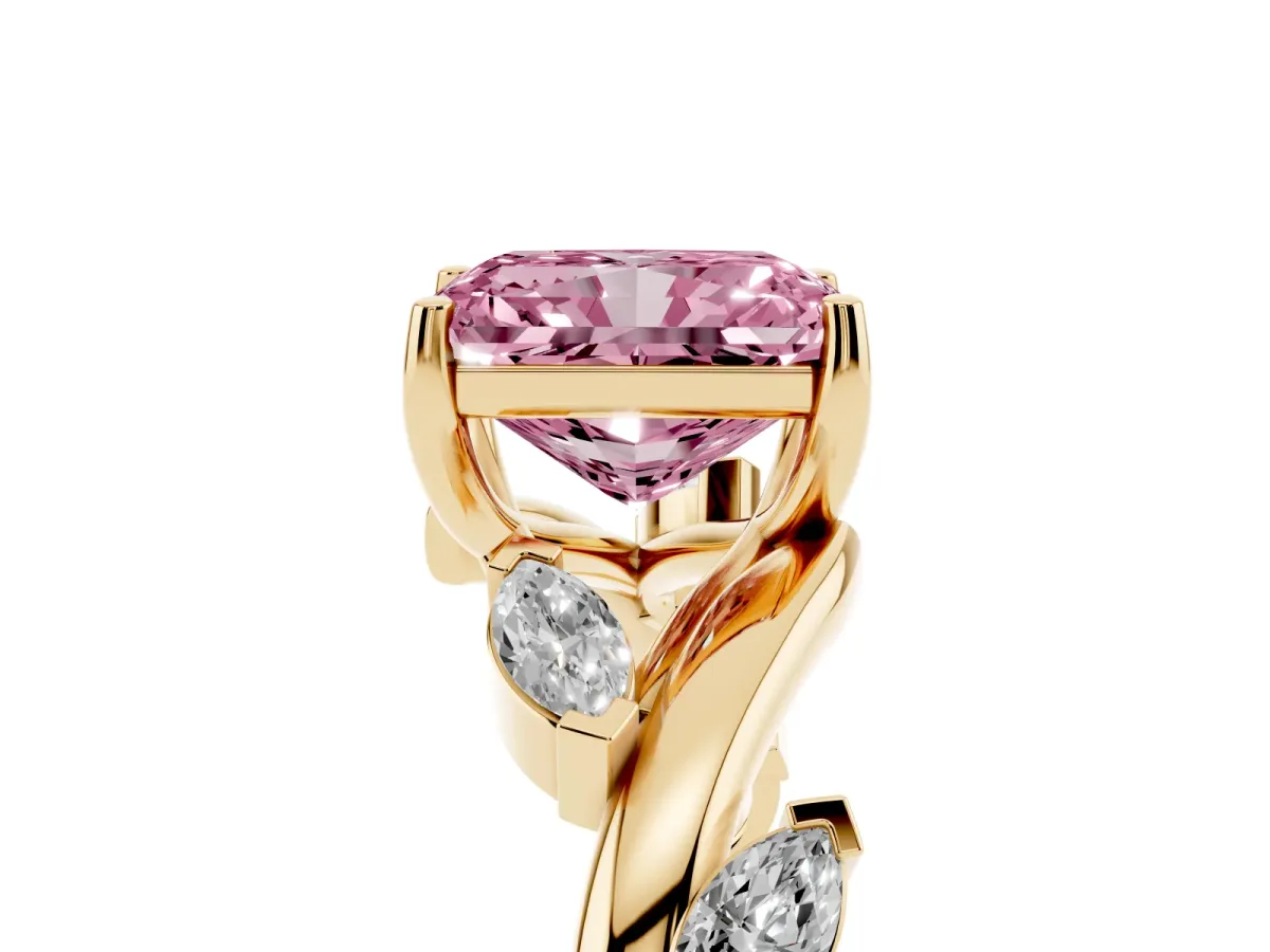 Fancy Pink Radiant Cut Solitaire Twisted Band Marquise Accent Prong Setting Ring Yellow gold