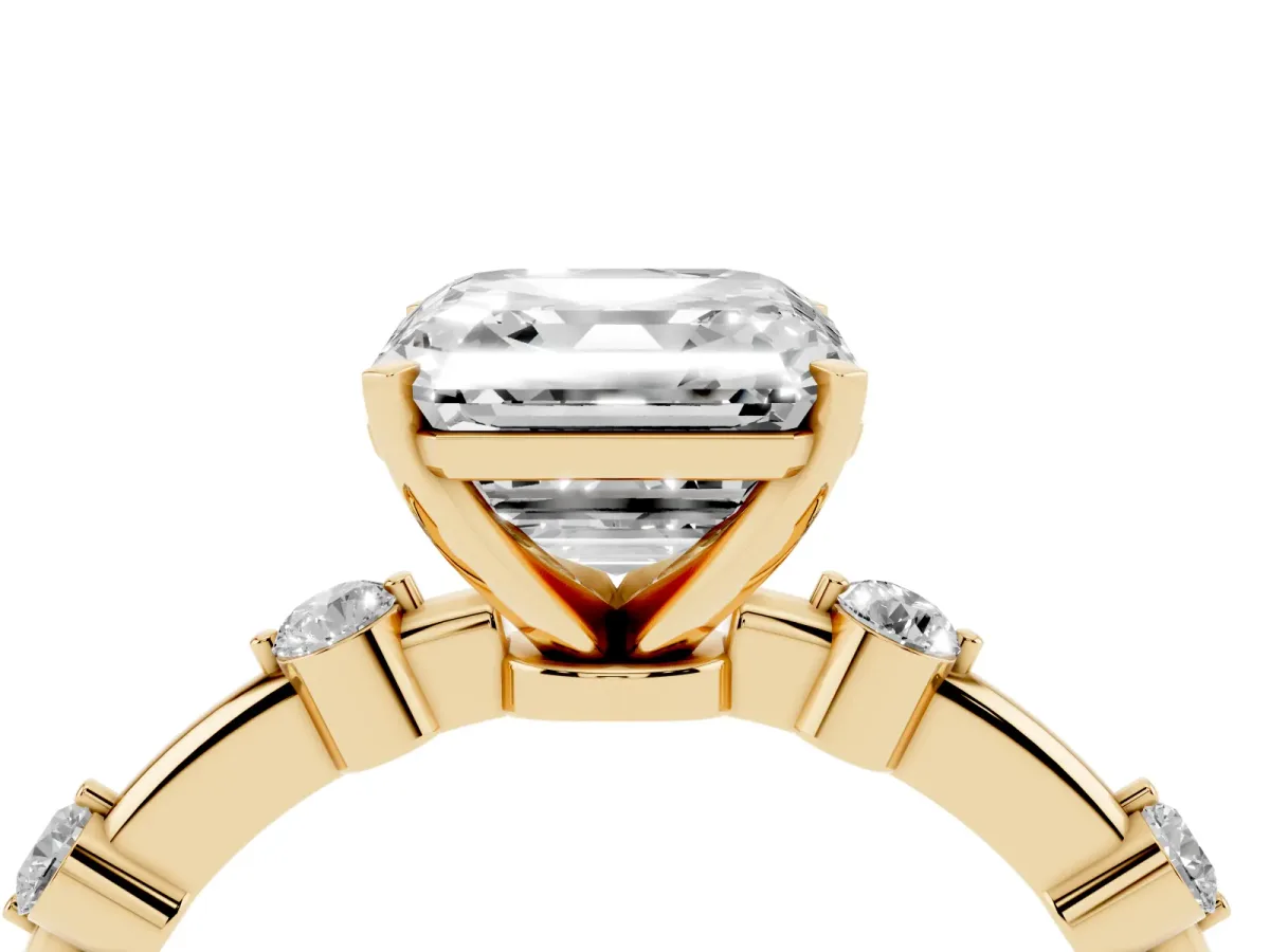Asscher Cut Solitaire Diamond Ring with Bezel Set Side Stones and Prong Setting Yellow gold