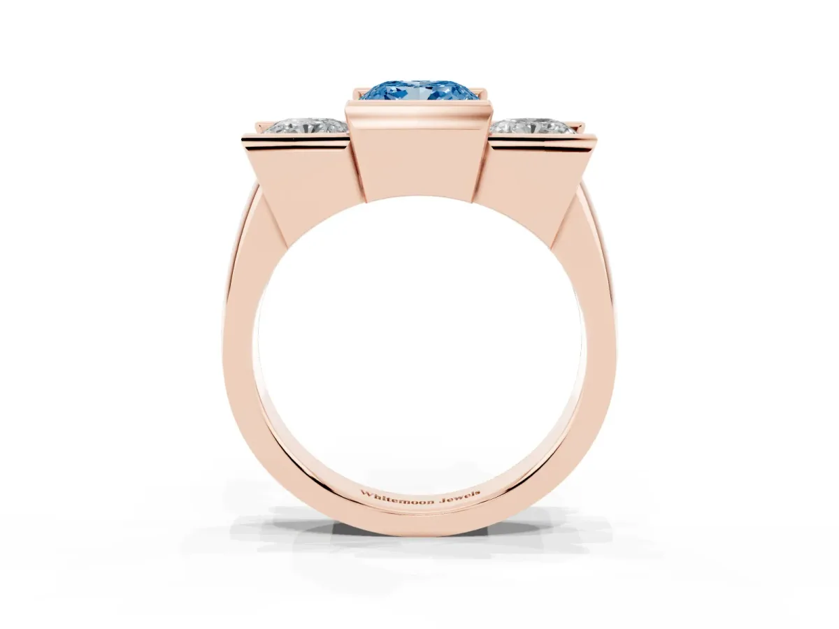 Fancy Blue Three Stone Cushion Cut Cut Channel Set Diamond Ring Rose gold