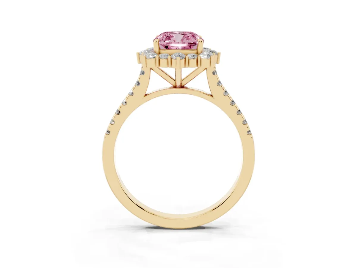 Fancy Pink Cushion Cut Halo Diamond Ring with Pavé Band and Prong Setting Yellow gold