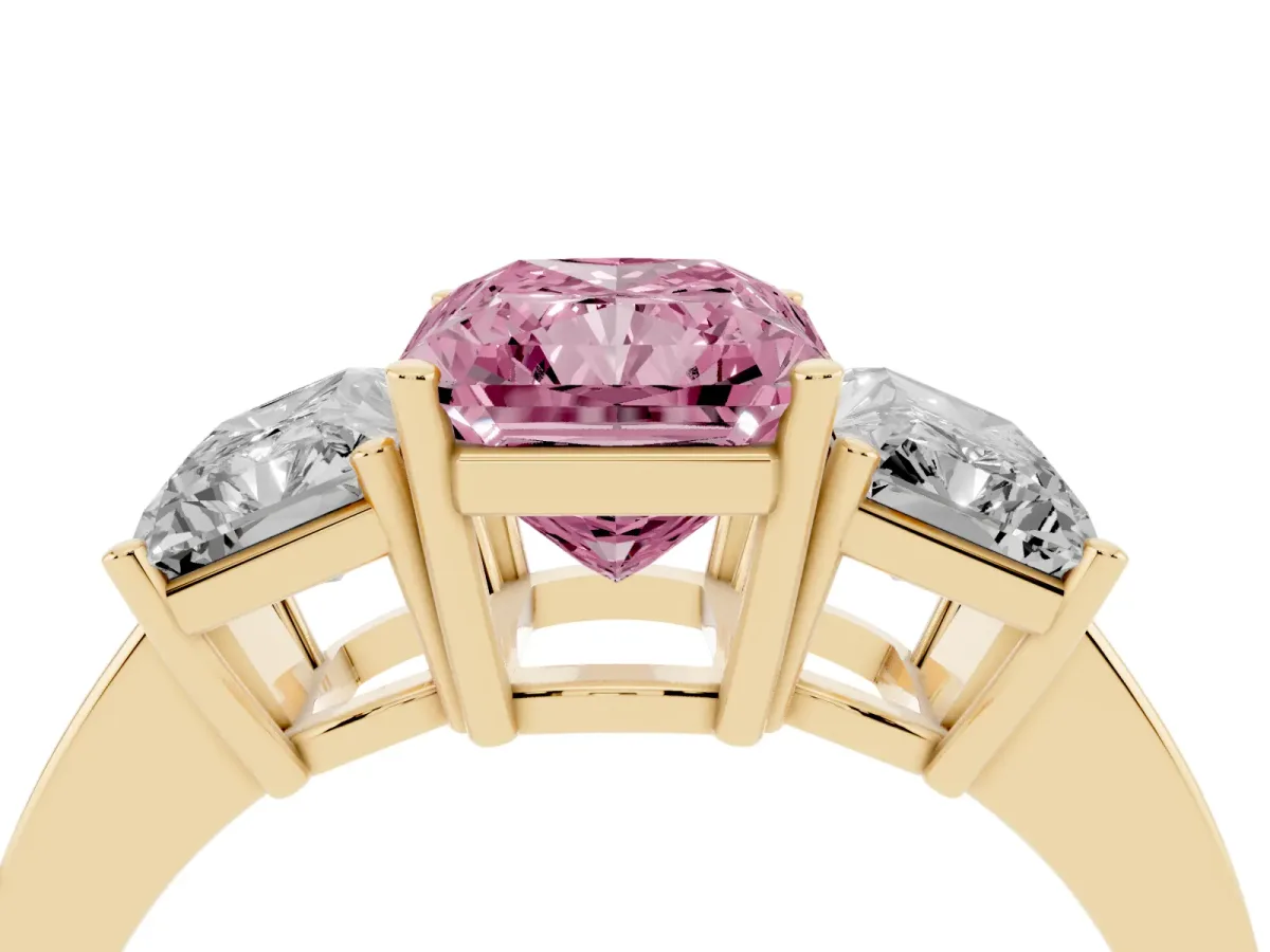 Fancy Pink Three-Stone Radiant Cut Cut Diamond Engagement Ring with Flat Band and Four-Prong Setting Yellow gold