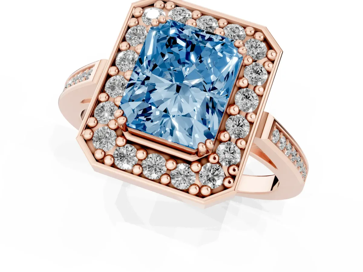 Fancy Blue Radiant Cut Diamond Halo Ring with Split Shank and Four-Prong Setting Rose gold