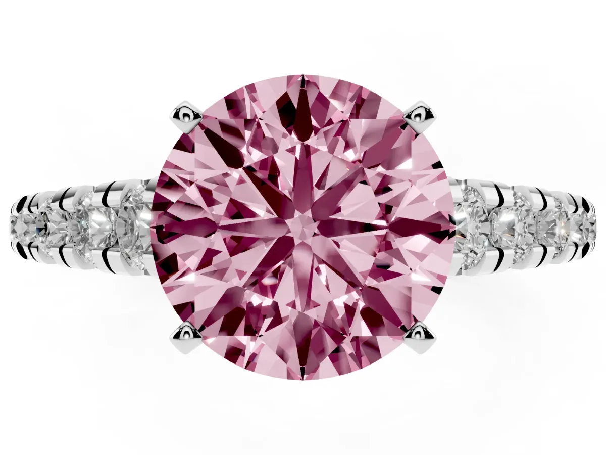 Fancy Pink Round Cut Diamond Cathedral Solitaire Ring with Round Pavé Band White gold