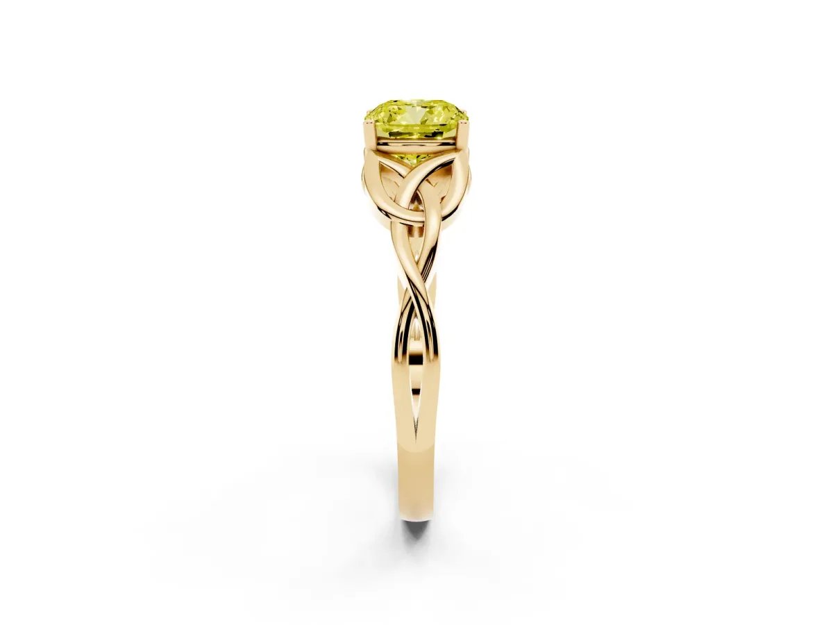 Fancy Yellow Cushion Cut Diamond Solitaire Engagement Ring with Celtic Knot Band and Four-Prong Setting Yellow gold