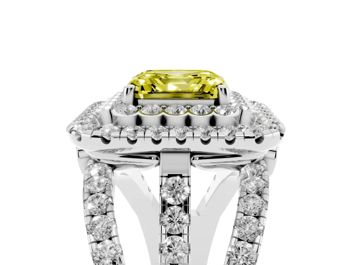 Fancy Yellow Asscher Cut Diamond Double Halo Ring with Round Pavé Split Shank and Prong Setting Silver