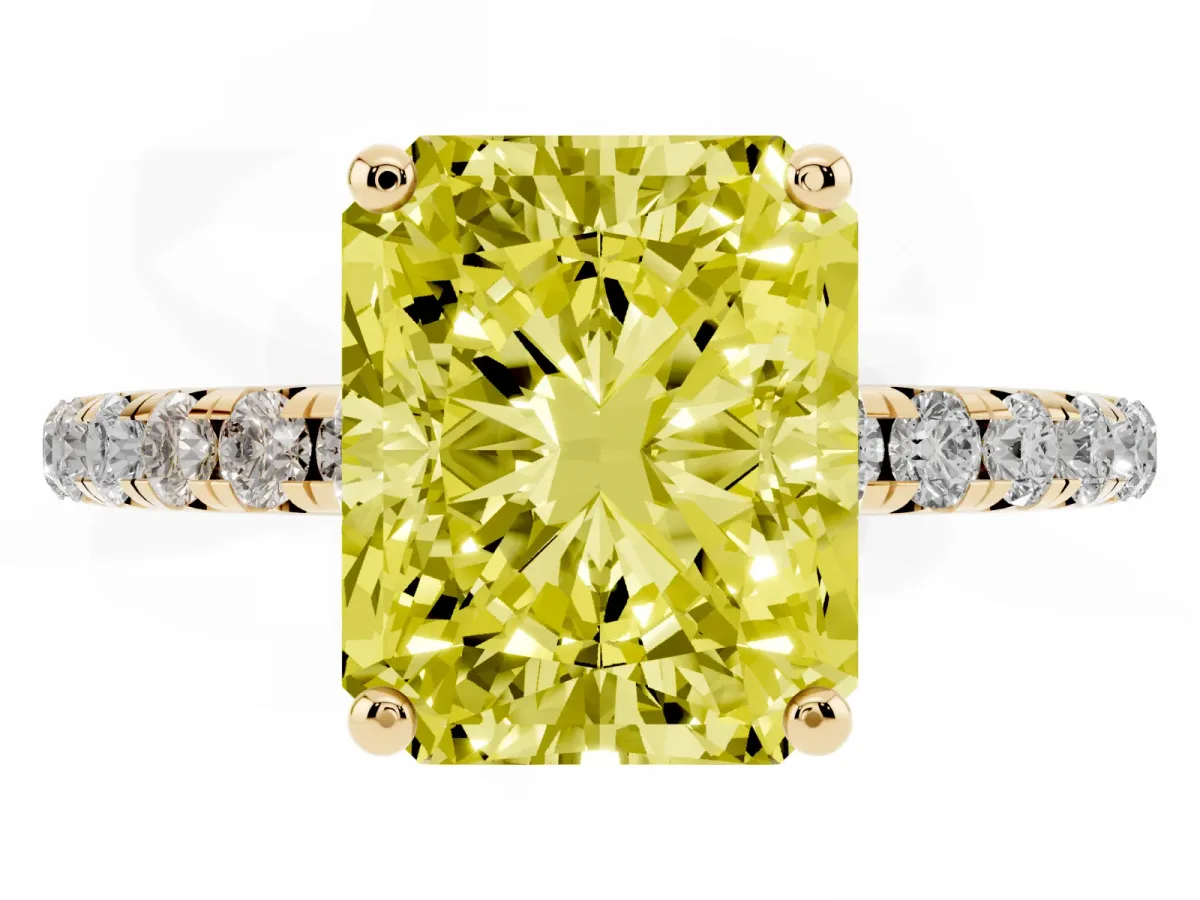 Fancy Yellow Radiant Cut Cut Diamond Solitaire Ring with Micro Pave Band and Four Prong Setting Yellow gold
