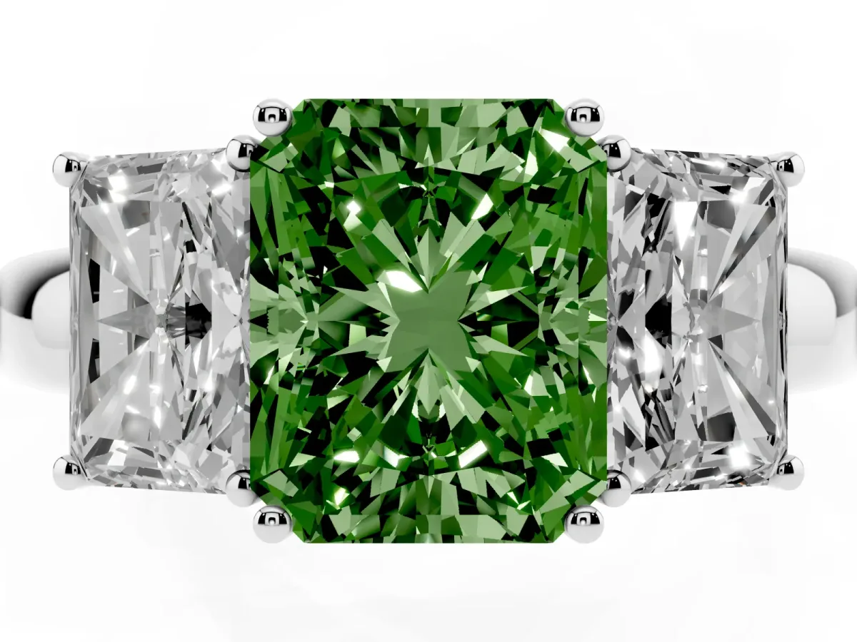 Fancy Green Radiant Cut Diamond Three-Stone Ring with Four-Prong Setting and Classic Band Silver