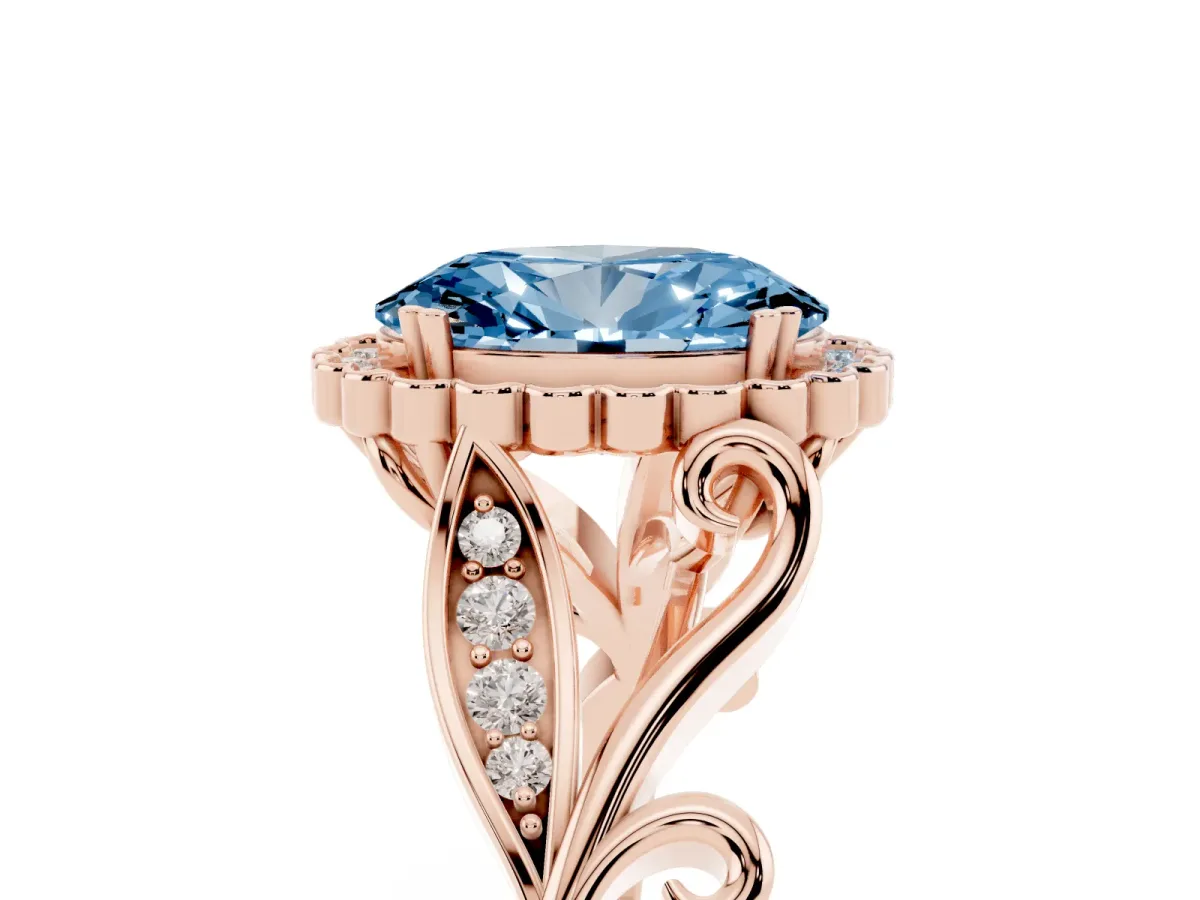 Fancy Blue Oval Cut Diamond Halo Ring with Vintage Split Shank and Four-Prong Setting Rose gold