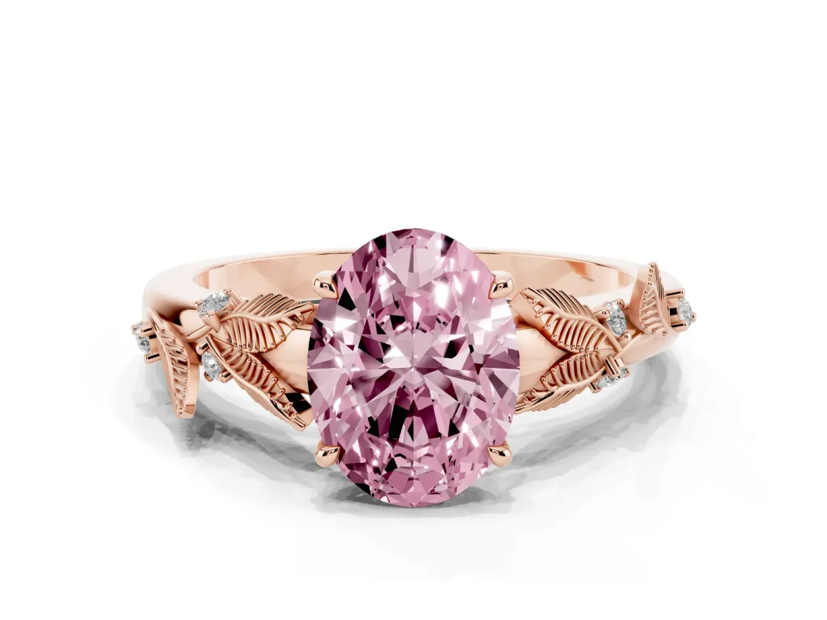 Fancy Pink Oval Cut Diamond Solitaire Ring with Leaf Motif Band and Four-Prong Setting Rose gold