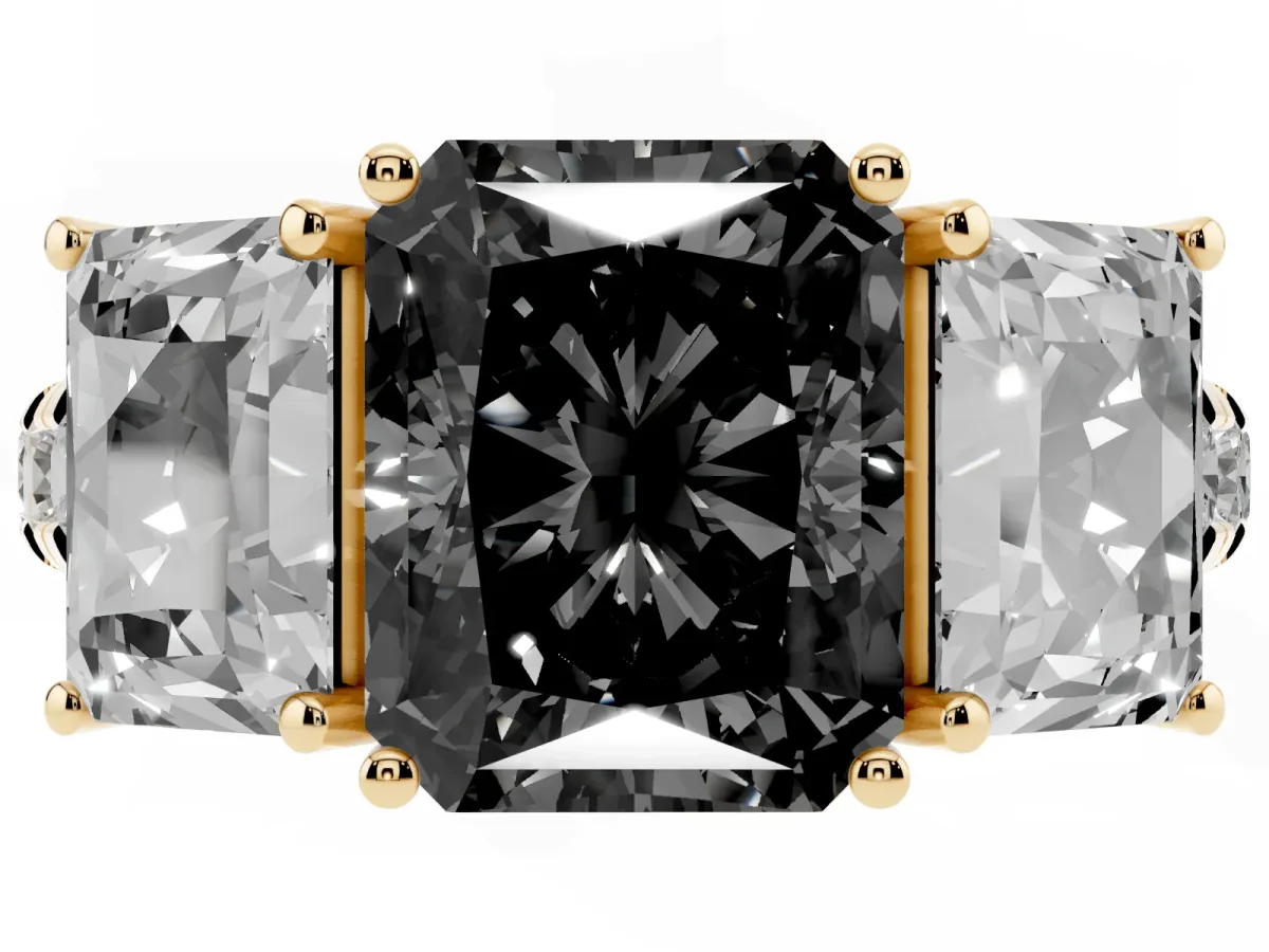 Fancy Black Three-Stone Radiant Cut Diamond Pavé Band with Prong Setting Yellow gold
