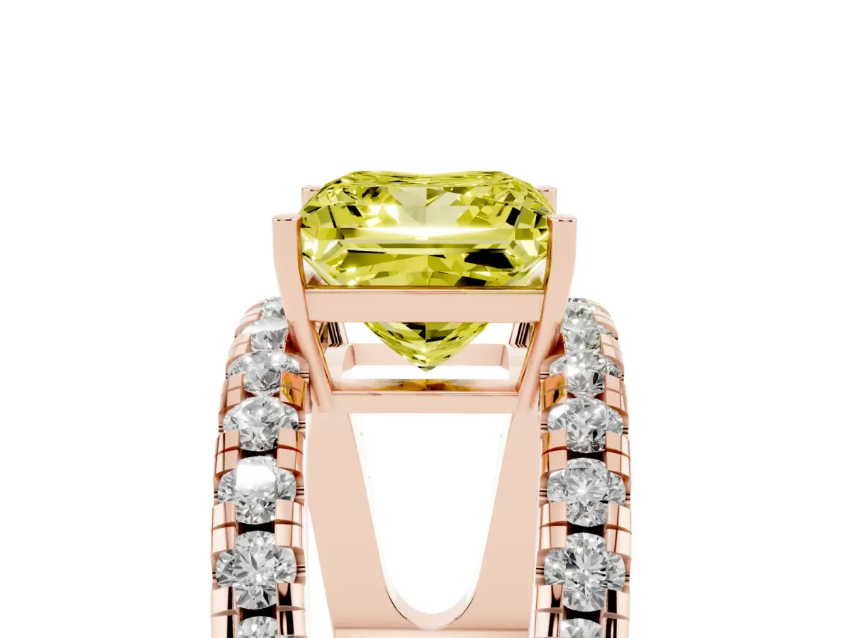 Fancy Yellow Princess Cut Solitaire Split Shank Pave Diamond Ring Rose gold