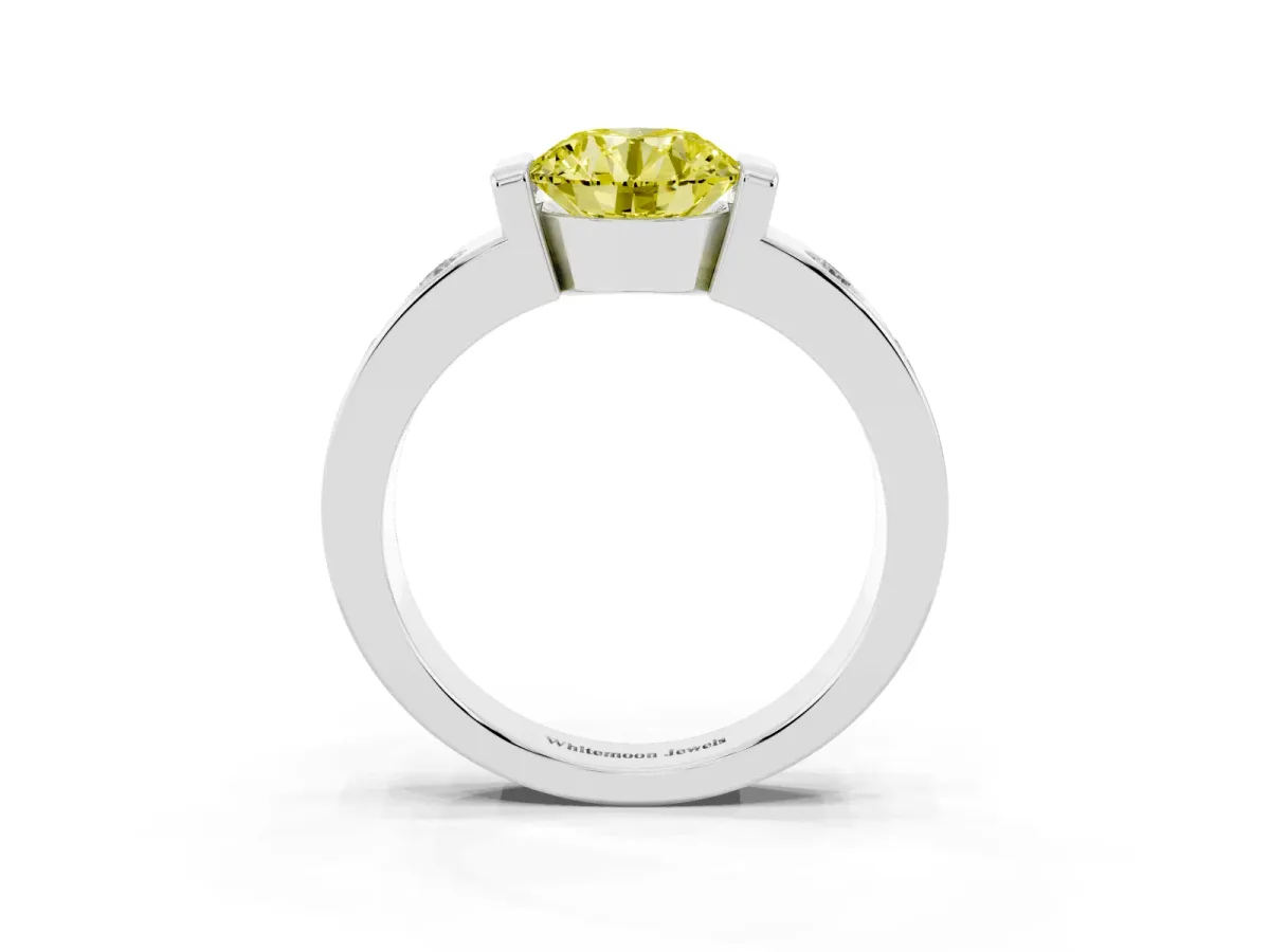 Fancy Yellow Round Cut Brilliant Channel-Set Diamond Ring with Bezel Prong Setting Platinum