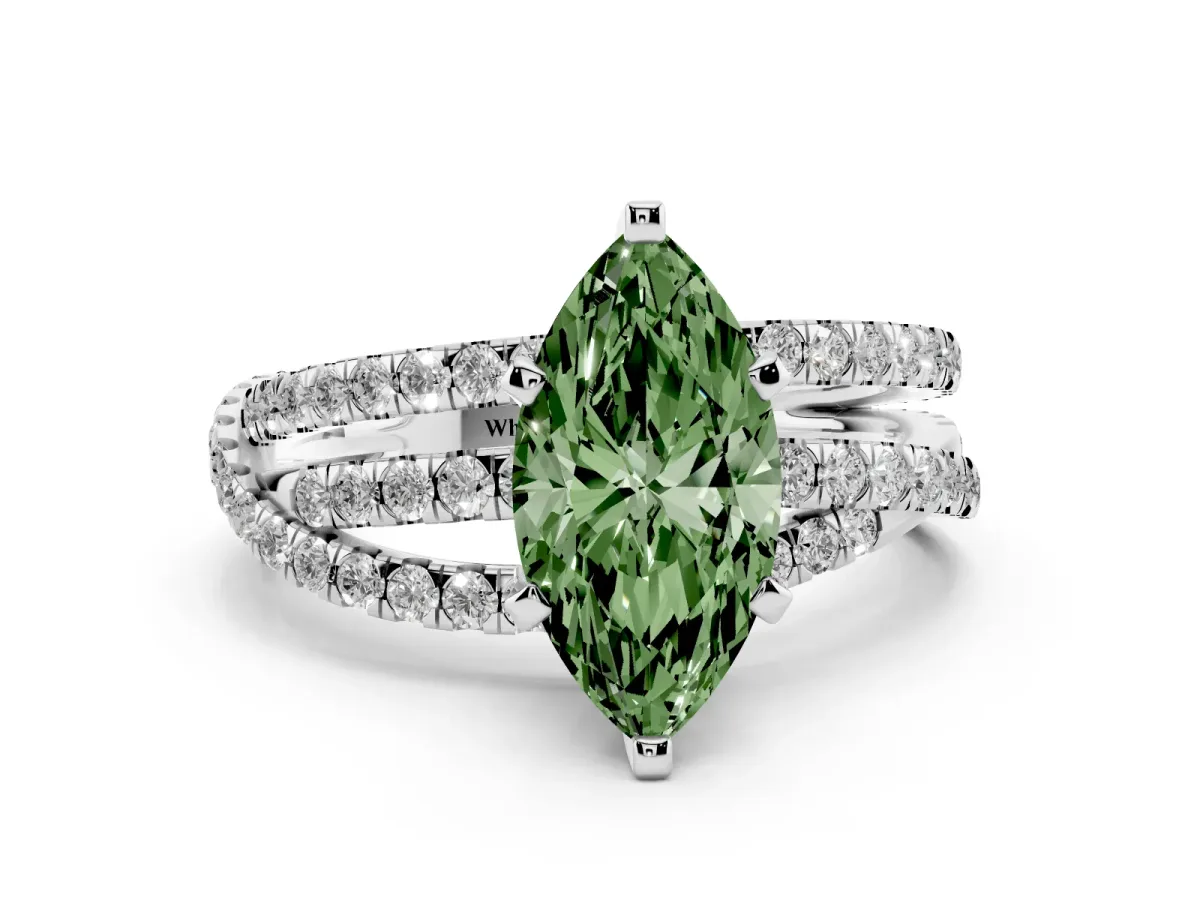 Fancy Green Marquise Cut Solitaire Twist Band with Pavé Setting and Four-Prong Setting Platinum