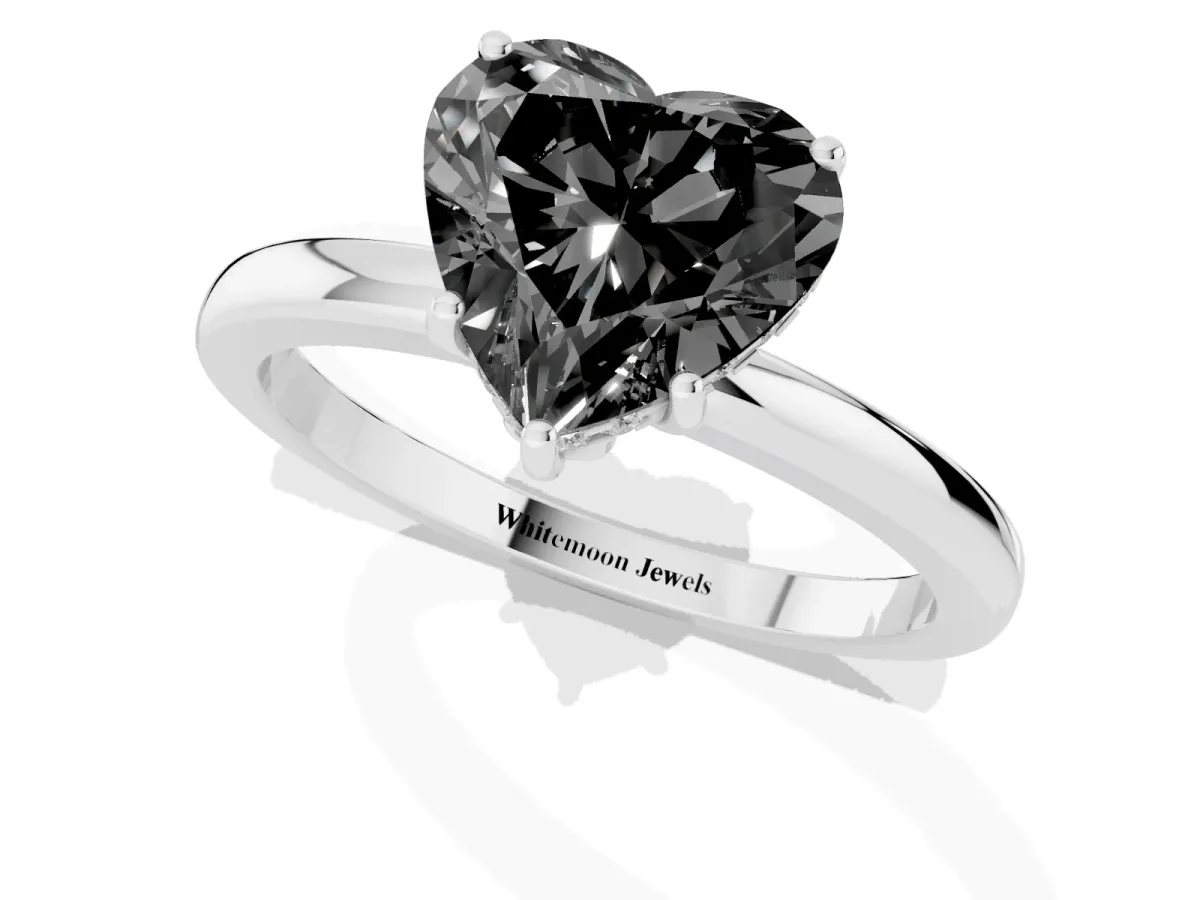 Fancy Black Heart Cut Solitaire Diamond Ring with Prong Setting and Plain Band White gold