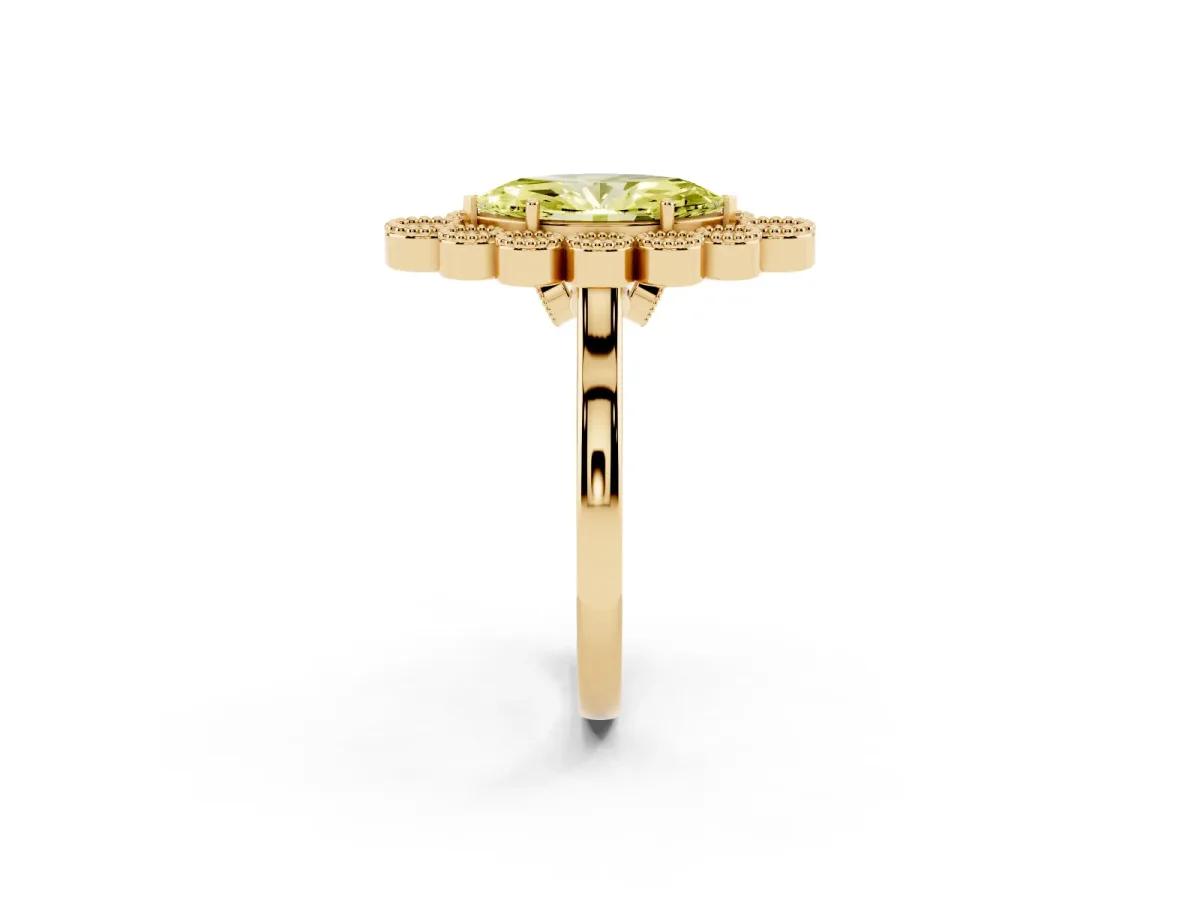 Fancy Yellow Marquise Cut Halo Diamond Cluster Engagement Ring with Milgrain Bezel Setting and Solitaire Band Yellow gold