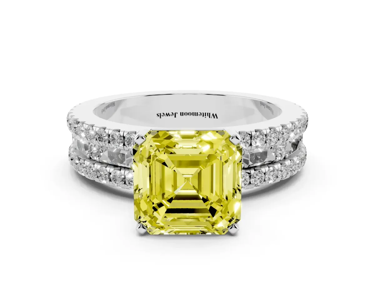Fancy Yellow Asscher Cut Diamond Solitaire Ring with Pavé and Channel Set Band Silver