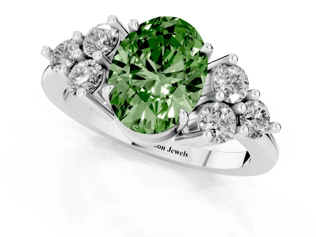 Fancy Green Oval Cut Brilliant Diamond Cluster Accent Solitaire Ring with Prong Setting Platinum