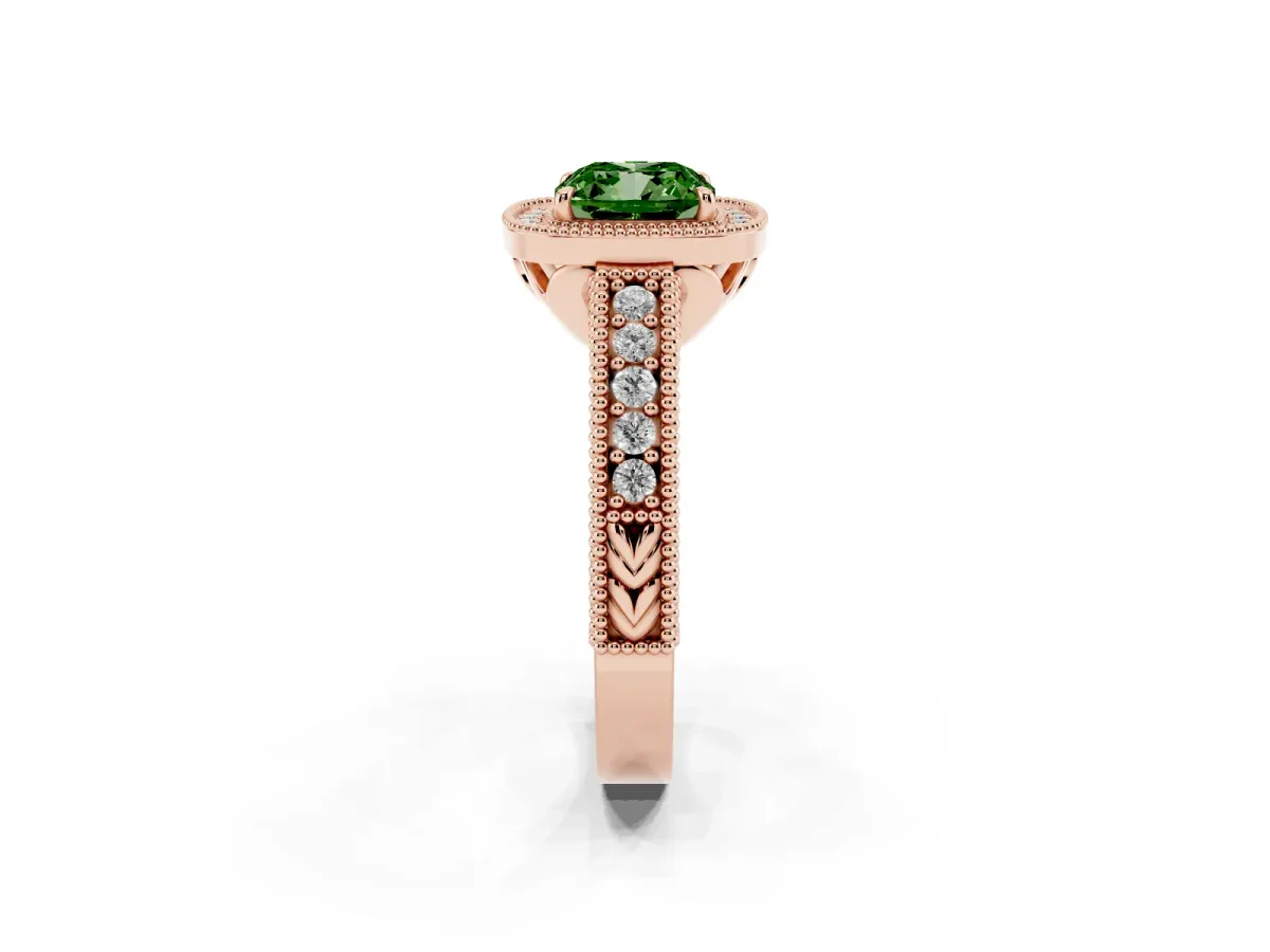 Fancy Green Cushion Cut Cut Halo Diamond Ring with Pavé Band and Four-Prong Setting Rose gold
