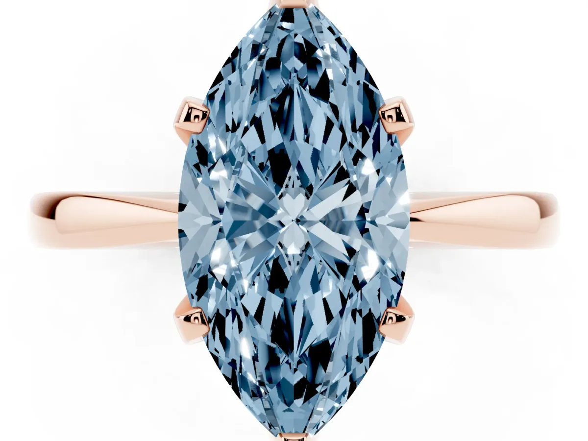 Fancy Blue Marquise Cut Solitaire Engagement Ring with Six-Prong Setting and Tapered Band Rose gold