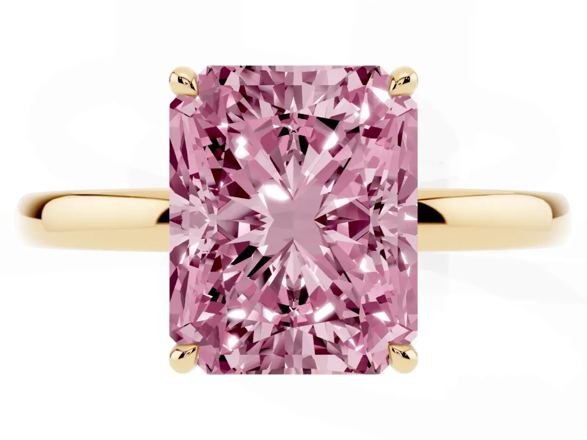 Fancy Pink Radiant Cut Solitaire Engagement Ring with Cathedral Band and Four-Prong Setting Yellow gold