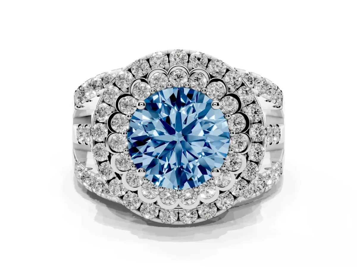 Fancy Blue Round Cut Diamond Double Halo Ring with Round Pavé Split Shank and Prong Setting Silver