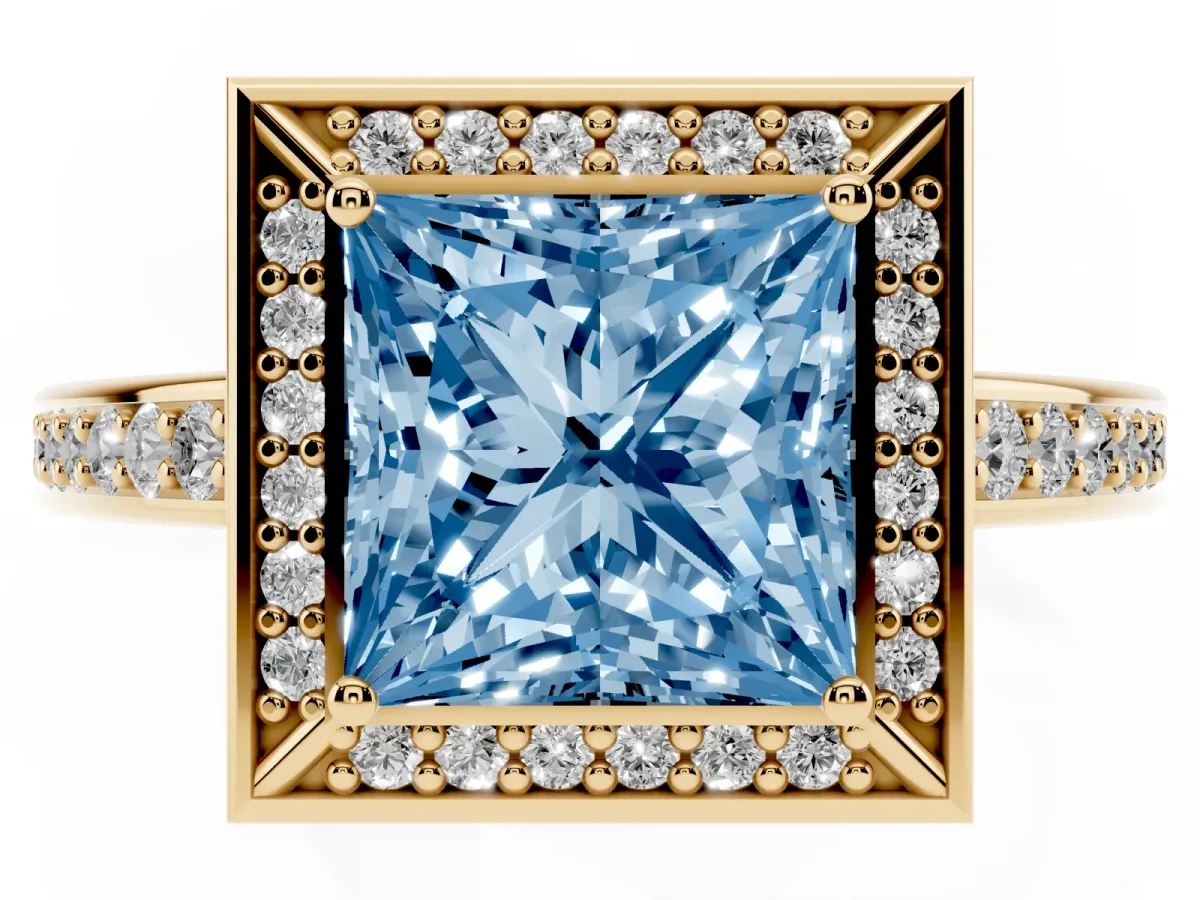 Fancy Blue Princess Cut Cut Halo Pave Split Shank Prong Setting Ring Yellow gold