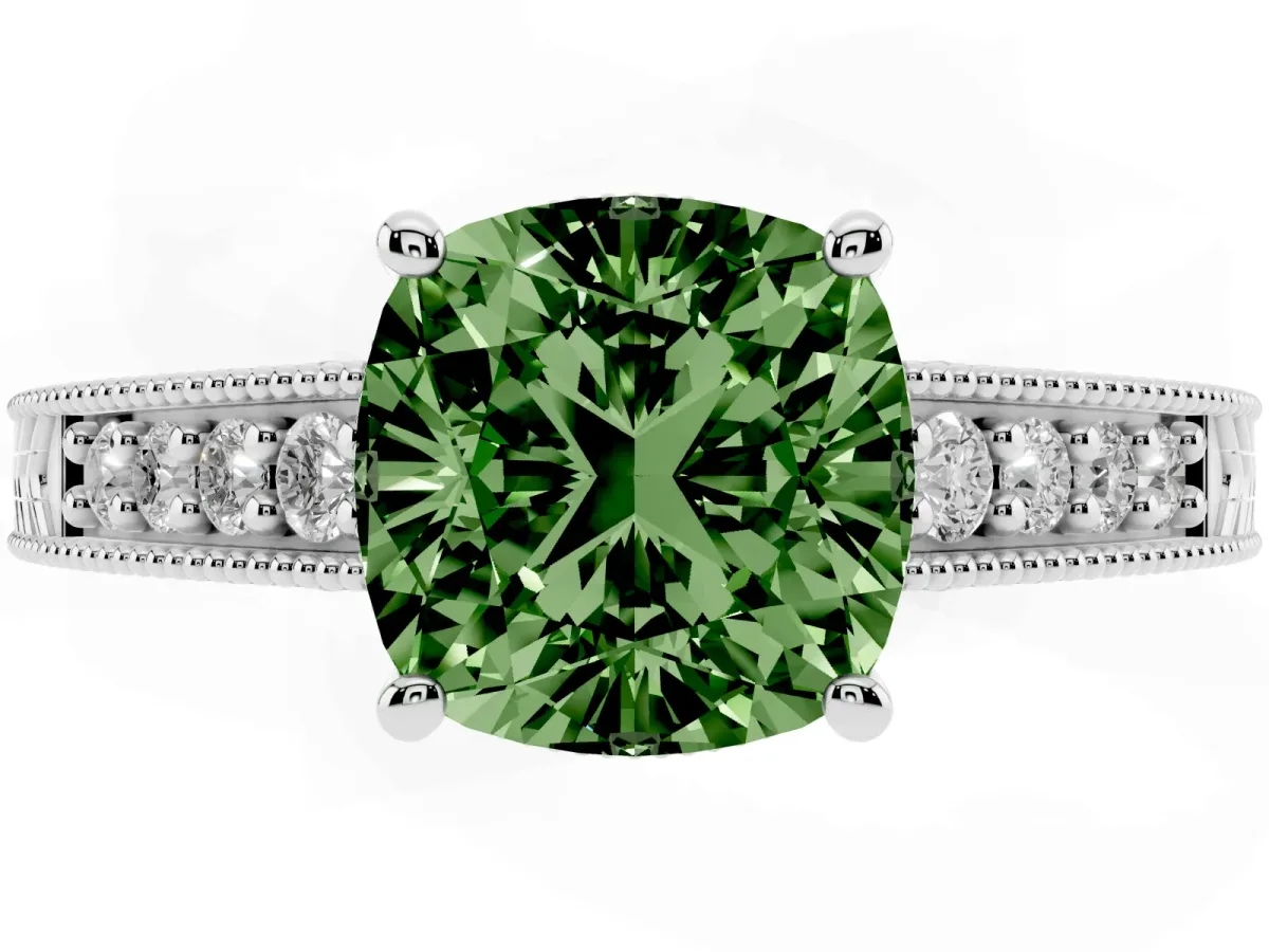 Fancy Green Cushion Cut Solitaire Pavé Diamond Milgrain Engagement Ring with Four-Prong Setting Silver