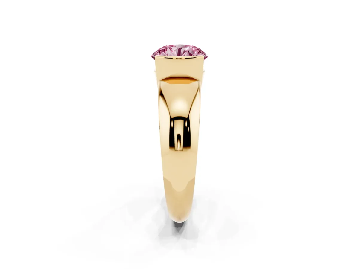 Fancy Pink Round Cut Solitaire Tension Set Diamond Ring with Wide Band Yellow gold