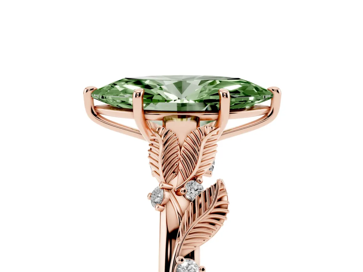 Fancy Green Marquise Cut Diamond Solitaire Ring with Leaf Motif Band and Four-Prong Setting Rose gold