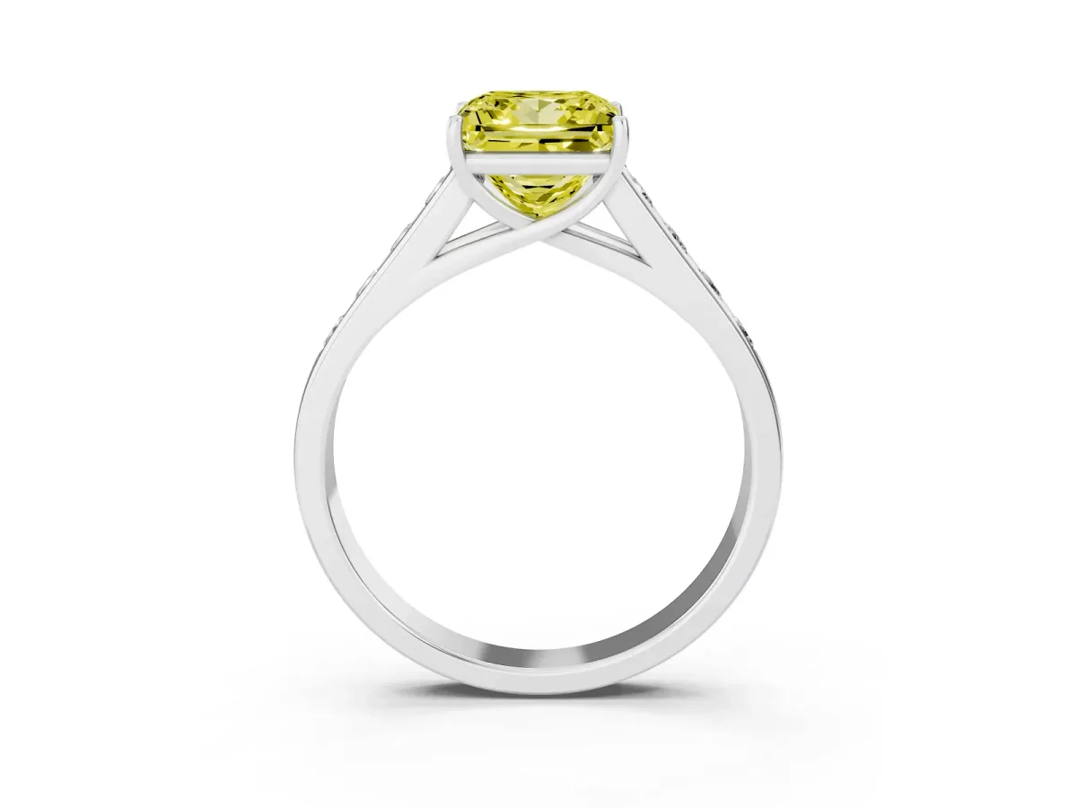 Fancy Yellow Princess Cut Solitaire Channel-Set Diamond Engagement Ring with Four-Prong Setting Silver