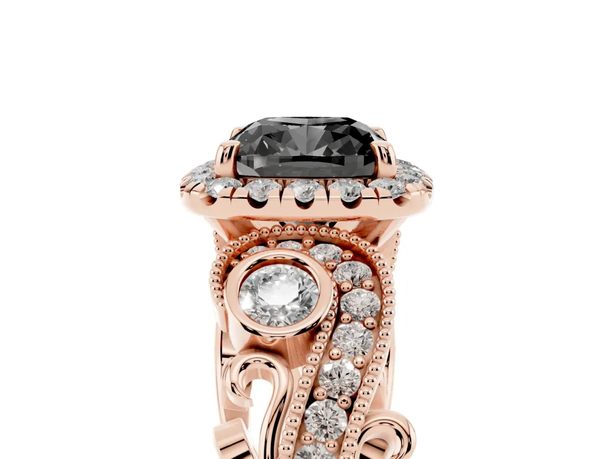 Fancy Black Cushion Cut Halo Diamond Ring with Milgrain and Bezel Accents on a Split Shank Band Rose gold