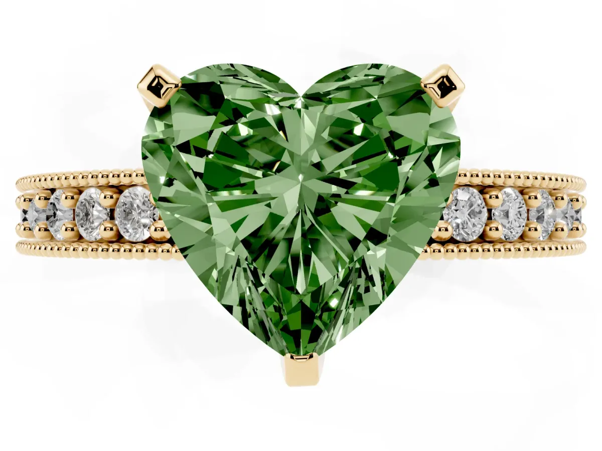Fancy Green Heart Cut Diamond Milgrain Pavé Engagement Ring with Four-Prong Setting Yellow gold