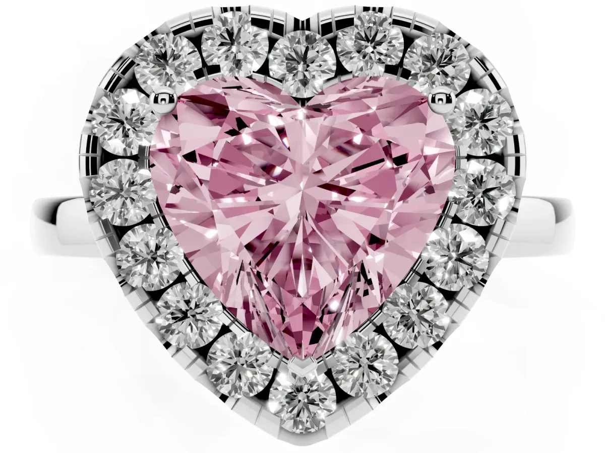 Fancy Pink Heart Cut Halo Diamond Solitaire with Pavé Band and Four-Prong Setting Platinum
