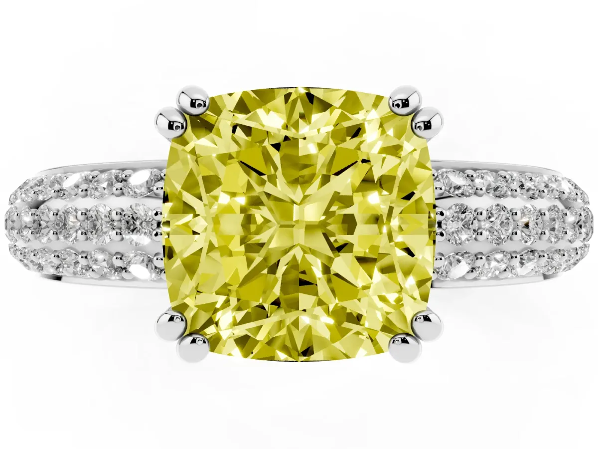 Fancy Yellow Cushion Cut Diamond Solitaire Ring with Multi-Row Round Pavé Band and Prong Setting Silver