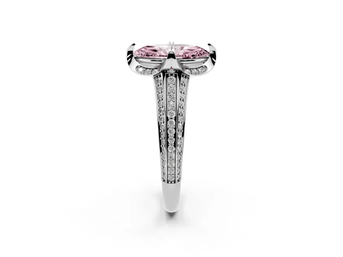 Fancy Pink Marquise Cut Solitaire Pave Split Shank Ring with Four-Prong Setting White gold