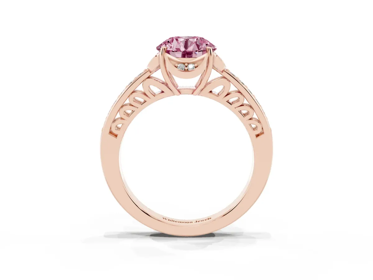 Fancy Pink Round Cut Cut Halo Diamond Ring with Channel Set Band and Four-Prong Setting Rose gold