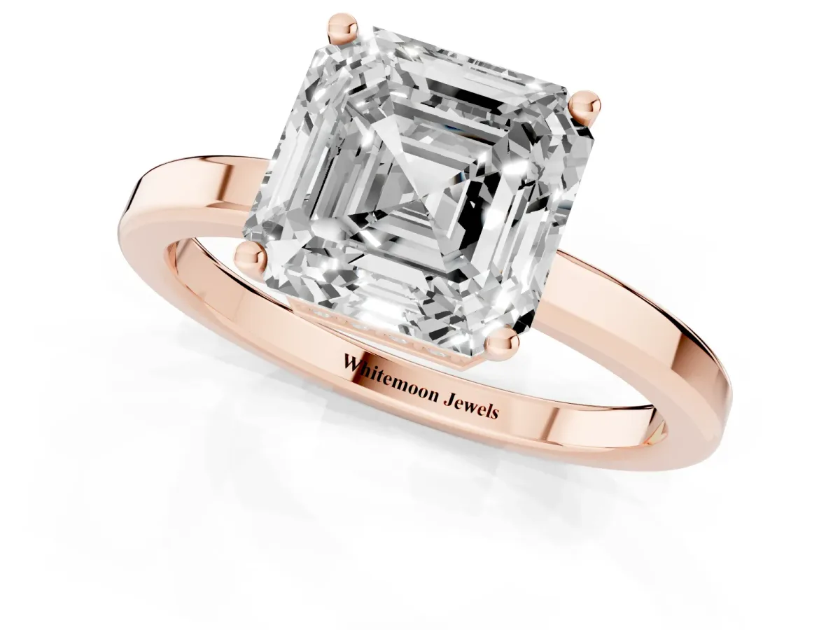 Asscher Cut Cut Solitaire Engagement Ring with Four-Prong Setting on a Classic Band Rose gold