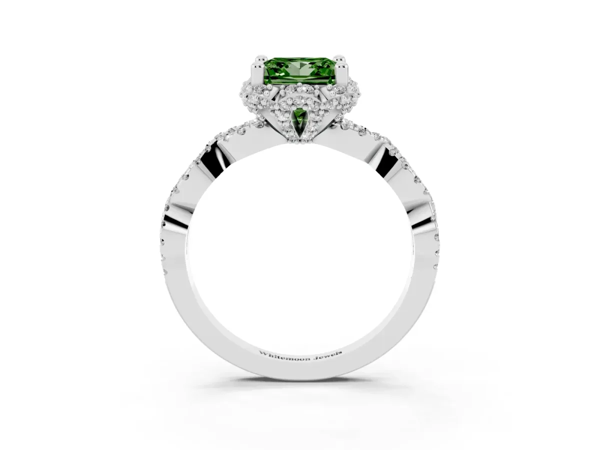 Fancy Green Princess Cut Halo Twist Band Solitaire Ring with Six-Prong Setting Silver
