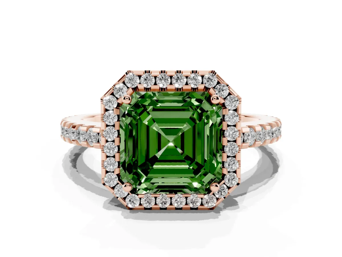 Fancy Green Asscher Cut Diamond Halo Engagement Ring with Pavé Band and Prong Setting Rose gold