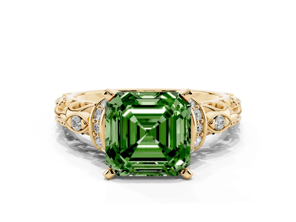 Fancy Green Asscher Cut Diamond Solitaire Ring with Filigree Band and Four-Prong Setting Yellow gold