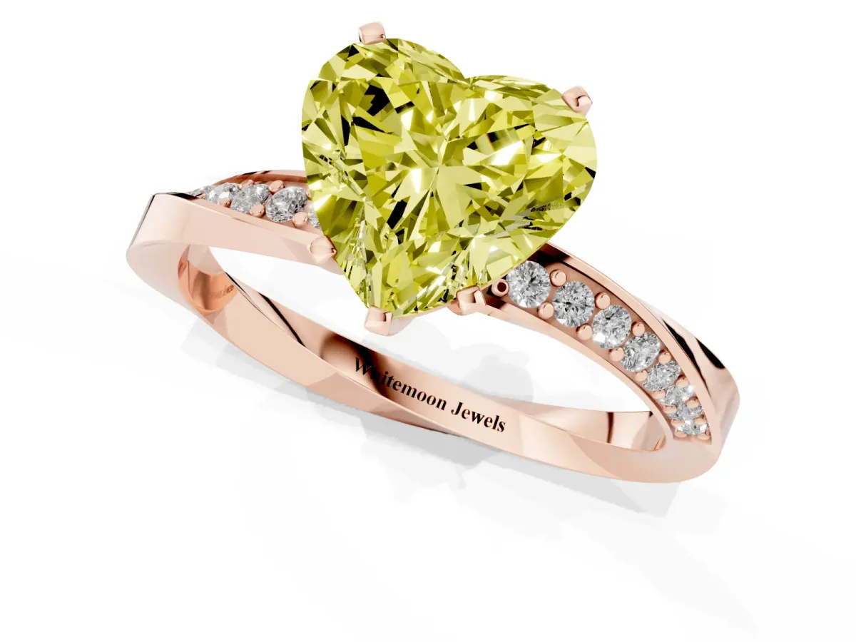 Fancy Yellow Heart Cut Diamond Engagement Ring with Side Stone Accents and Four-Prong Setting Rose gold
