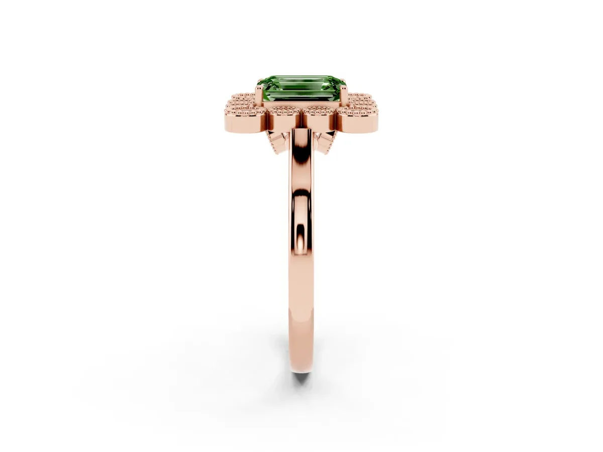 Fancy Green Emerald Cut Halo Diamond Cluster Engagement Ring with Milgrain Bezel Setting and Solitaire Band Rose gold