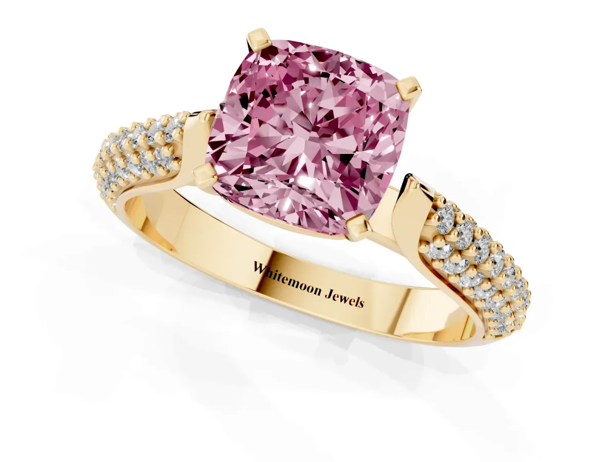Fancy Pink Cushion Cut Diamond Solitaire Engagement Ring with Multi-Row Round Pavé Band and Prong Setting Yellow gold