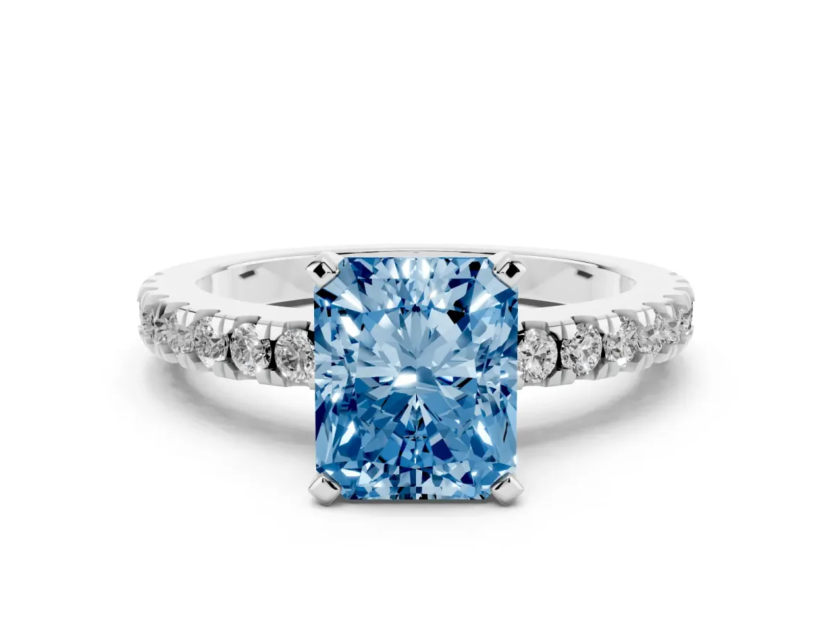 Fancy Blue Radiant Cut Solitaire Diamond with Pavé Band and Four-Prong Setting Platinum