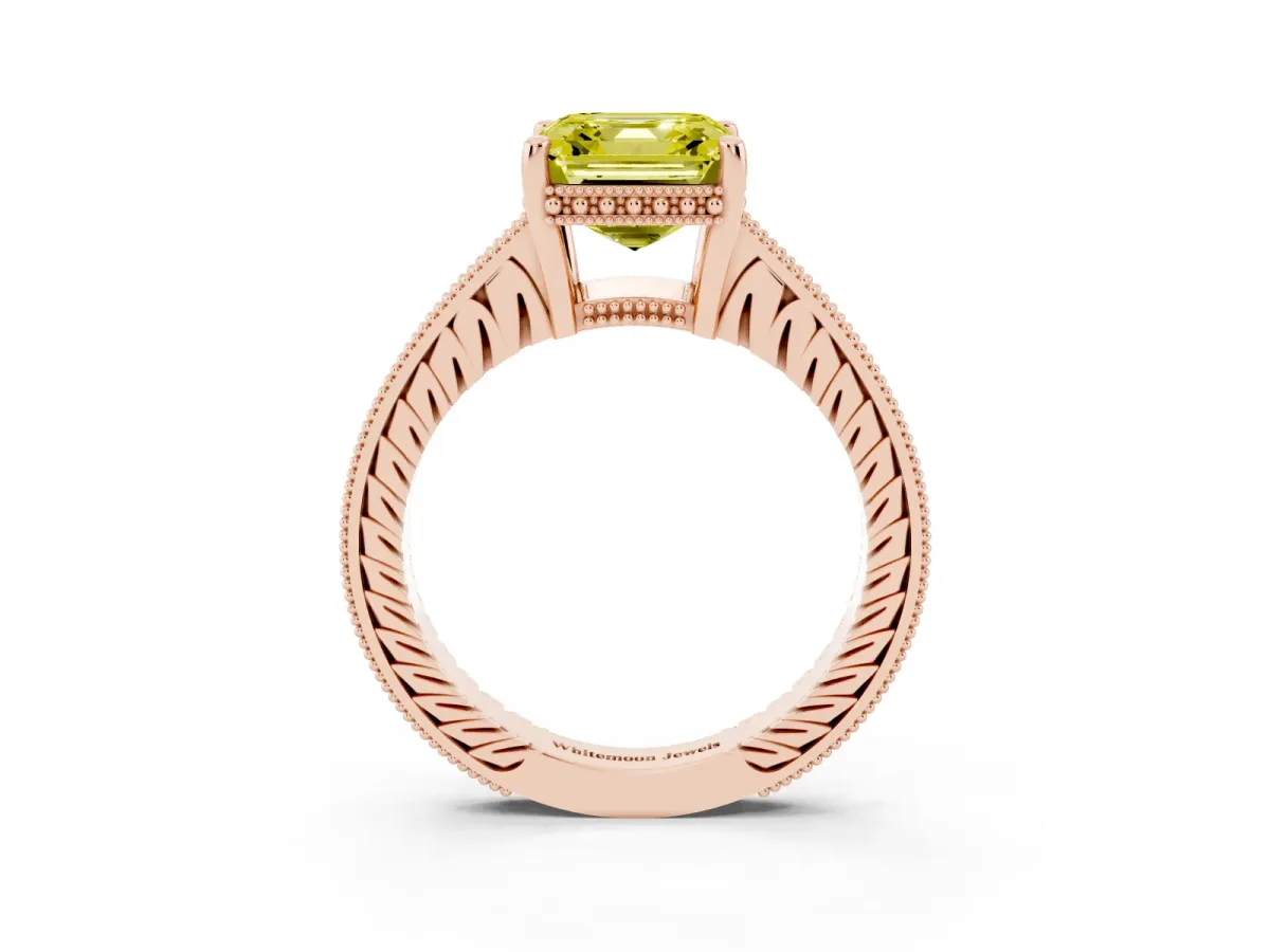 Fancy Yellow Asscher Cut Solitaire Pavé Diamond Milgrain Engagement Ring with Four-Prong Setting Rose gold