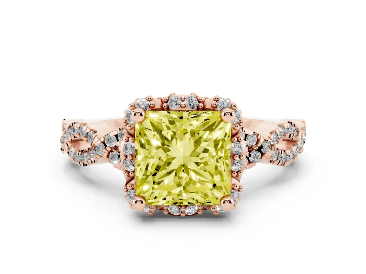 Fancy Yellow Princess Cut Halo Twist Band Solitaire Ring with Six-Prong Setting Rose gold