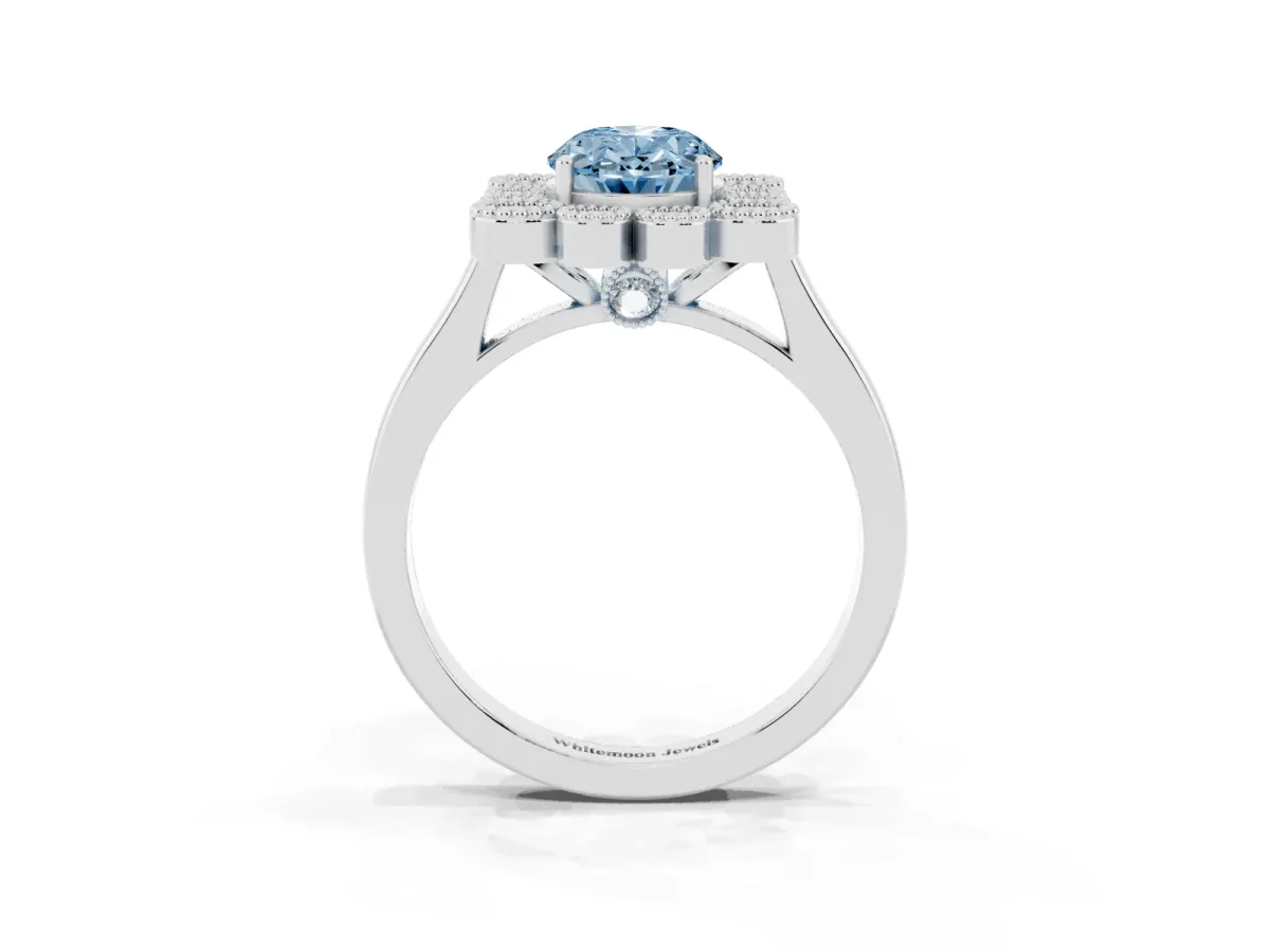 Fancy Blue Oval Cut Halo Diamond Cluster Engagement Ring with Milgrain Bezel Setting and Solitaire Band White gold